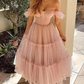 Ruffled Sleeves Tulle Prom Dress, Tiered Ruffled A-line Skirt, Bridesmaid Party Dress, Graduation Dress Y1246