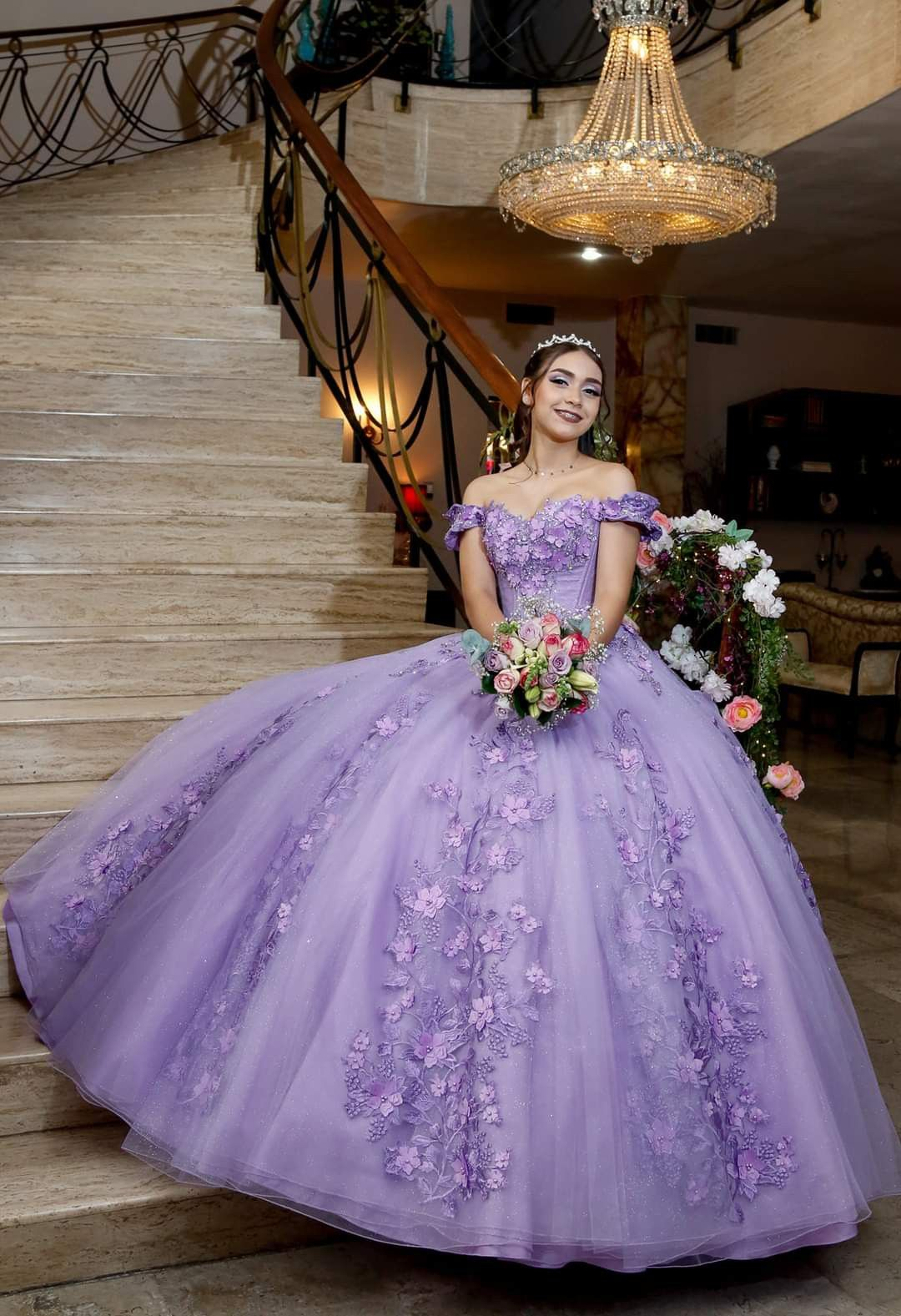 Purple Off The Shoulder Tulle Appliques Ball Gown,Sweet 16 Dress Y5472