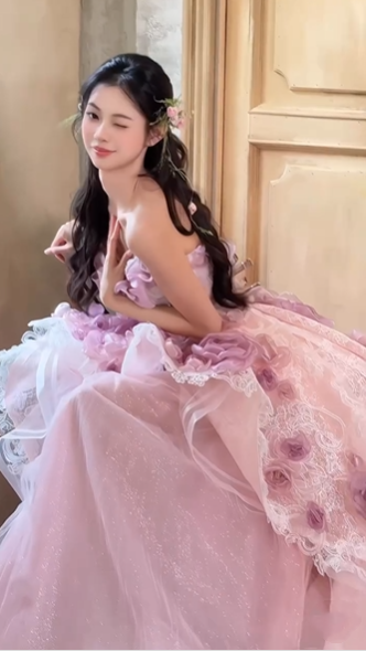 Pretty Pink Strapless Tulle Lace Appliques Long Evening Dress Birthday Prom Gown With Beads SP1661