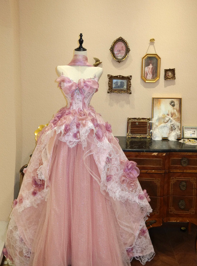 Pretty Pink Strapless Tulle Lace Appliques Long Evening Dress Birthday Prom Gown With Beads SP1661