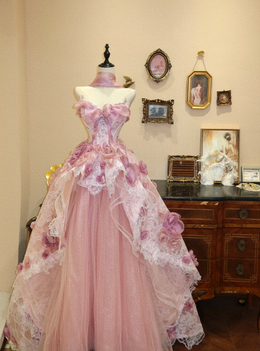 Pretty Pink Strapless Tulle Lace Appliques Long Evening Dress Birthday Prom Gown With Beads SP1661