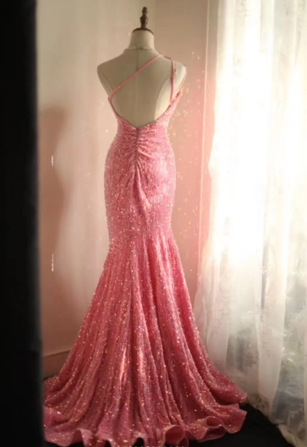 Shiny One Shoulder Pink Sequin Mermaid Evening Dress Long Wedding Guest Dress SP1171