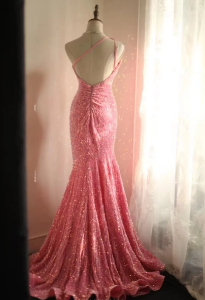 Shiny One Shoulder Pink Sequin Mermaid Evening Dress Long Wedding Guest Dress SP1171