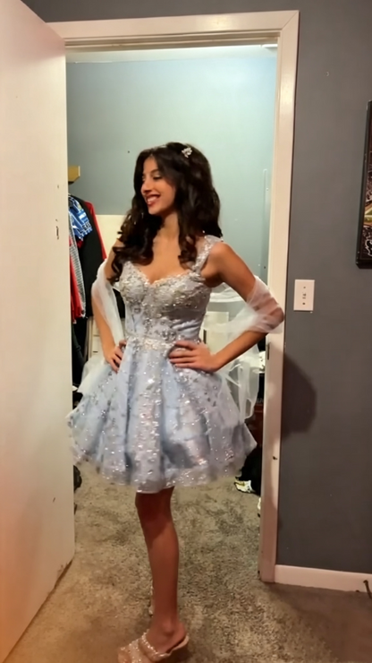 Elegant Spaghetti Straps Blue Tulle Sequin Beaded A Line Short Homecoming Dress Birthday Outfits SP3301