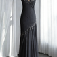 Elegant Spaghetti Straps Black V Neck Chiffon Beaded Mermaid Long Party Dress Formal Evening Dress SP1809