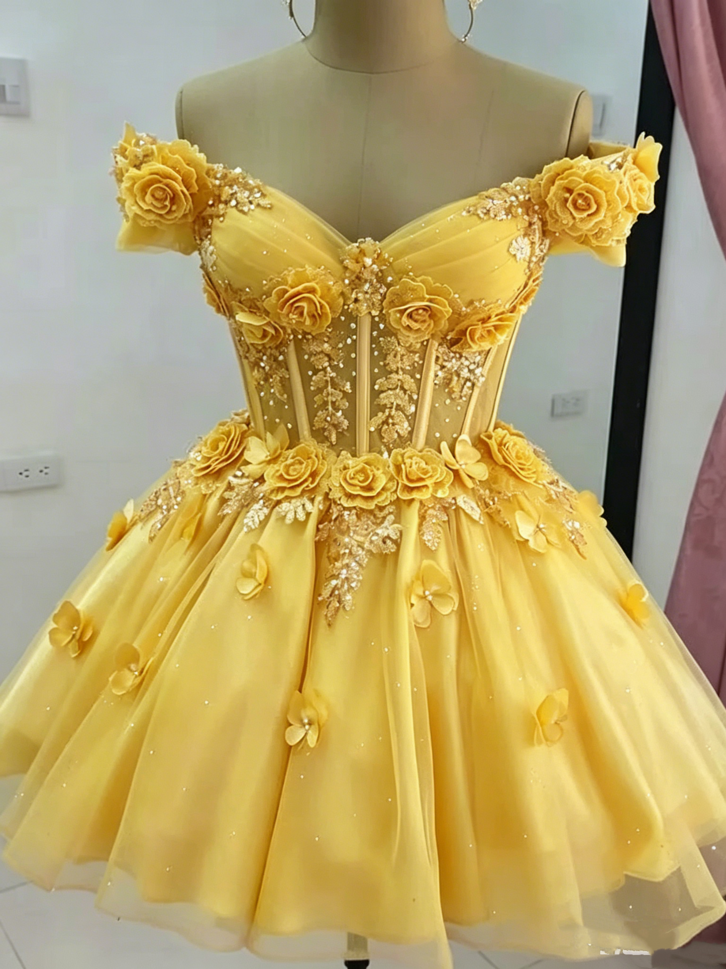 Beautiful Off The Shoulder Tulle Appliques Short Prom Dress,Pink A Line Short Graduation Homecoming Dress SP3260