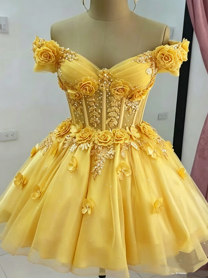 Beautiful Off The Shoulder Tulle Appliques Short Prom Dress,Pink A Line Short Graduation Homecoming Dress SP3260