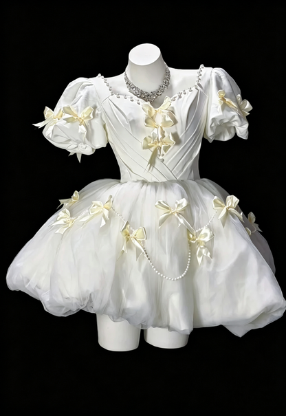 Cute White Tulle Satin Bow A Line Short 8th Grade Homecoming Dress Mini Prom Dress SP3189