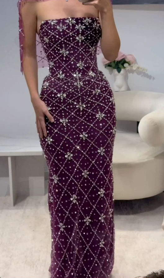 Luxurious Strapless Purple Tulle Beaded Long Evening Dress Birthday Prom Dresses SP1396