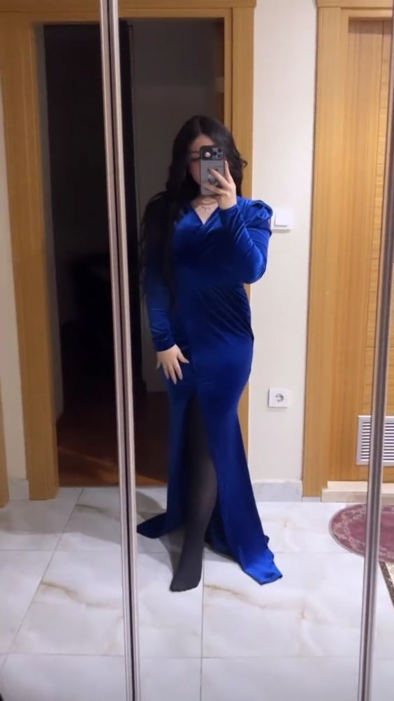 Elegant Royal Blue Velvet Evening Dress,Royal Blue Evening Gown  Y5666