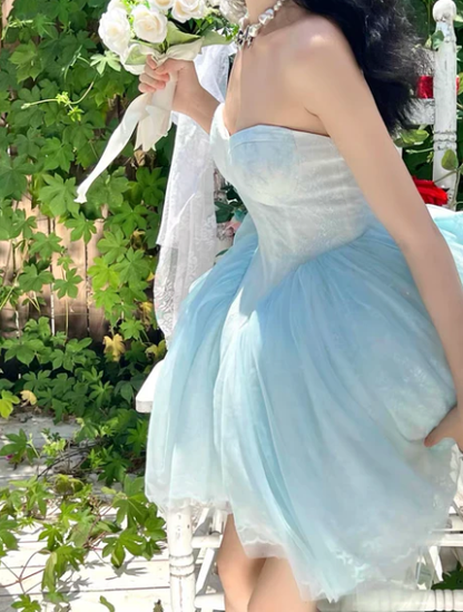 Fairy Blue Tulle Lace A Line Short 16th Birthday Outfits,Sweetheart Neck Mini Homecoming Dress With Bow SP3481