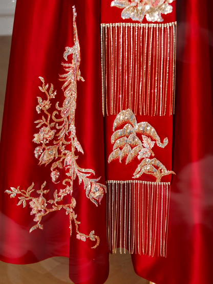 Gorgeous Red Satin Sequin Embroidery A Line Prom Dress,Strapless Evening Dress Y8631