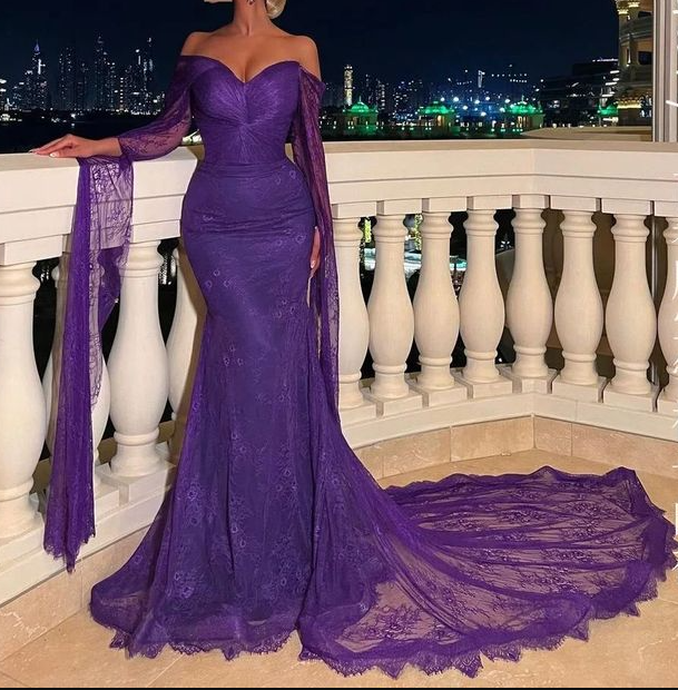 Elegant Off The Shoulder Purple Lace Mermaid Prom Dress Long Evening Dress Y7696