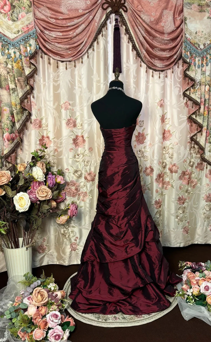 Stylish Strapless Red Satin Pleated Mermaid Evening Dress Long Birthday Prom Dresses SP942