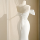 Pretty White Strapless Satin Organza Bow Mermaid Evening Dress,Formal Prom Dress Wedding Dress Y8679