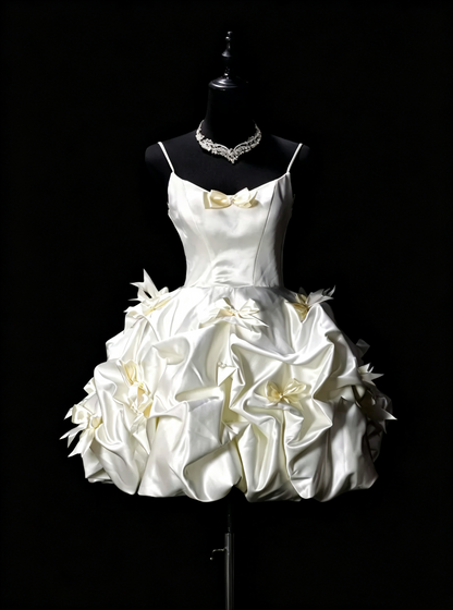 Glamorous Spaghetti Straps Satin Ruched Bow Short 9th Grade Homecoming Dress,Off White Short Birthday Dress SP3196