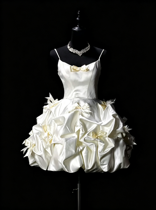 Glamorous Spaghetti Straps Satin Ruched Bow Short 9th Grade Homecoming Dress,Off White Short Birthday Dress SP3196