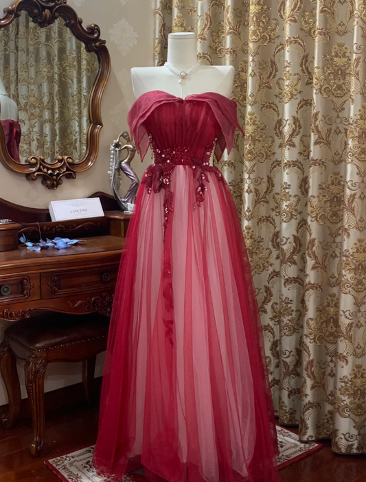 Pretty Red Off The Shoulder Tulle Beaded A Line Long Birthday Prom Dress Evening Dress SP1608