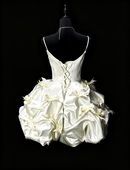 Glamorous Spaghetti Straps Satin Ruched Bow Short 9th Grade Homecoming Dress,Off White Short Birthday Dress SP3196