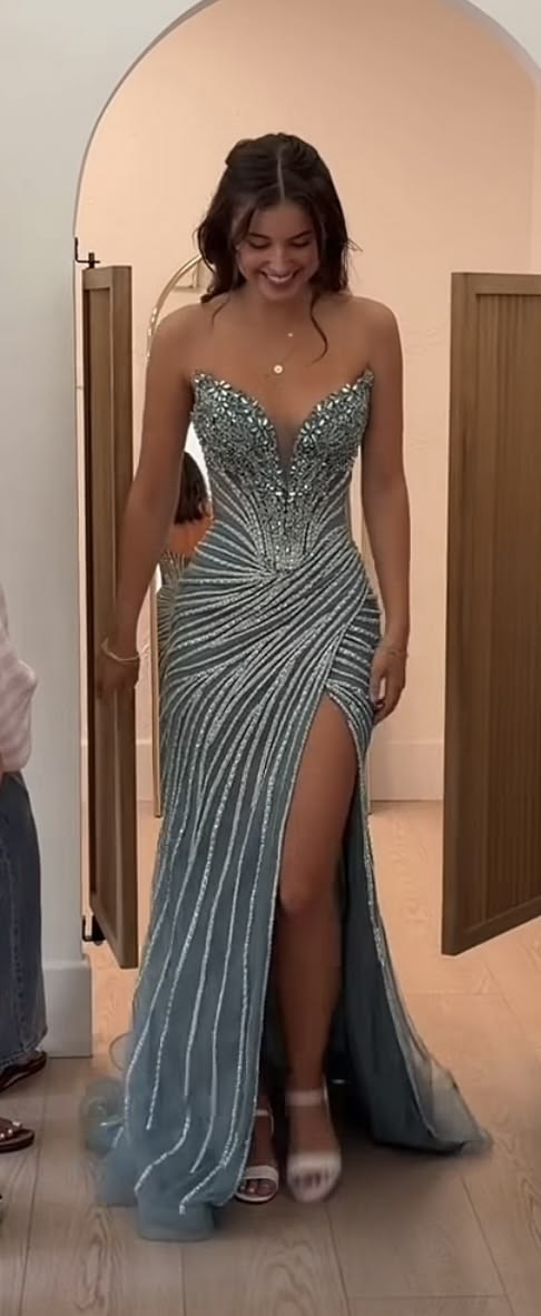 Luxurious Blue Strapless Tulle Beaded Side Slit Mermaid Long Prom Dress Party Gown SP2224