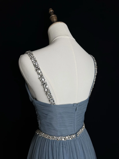 Simple Blue Tulle Beaded A Line Evening Dress,Spaghetti Straps V Neck Prom Dress Y8649