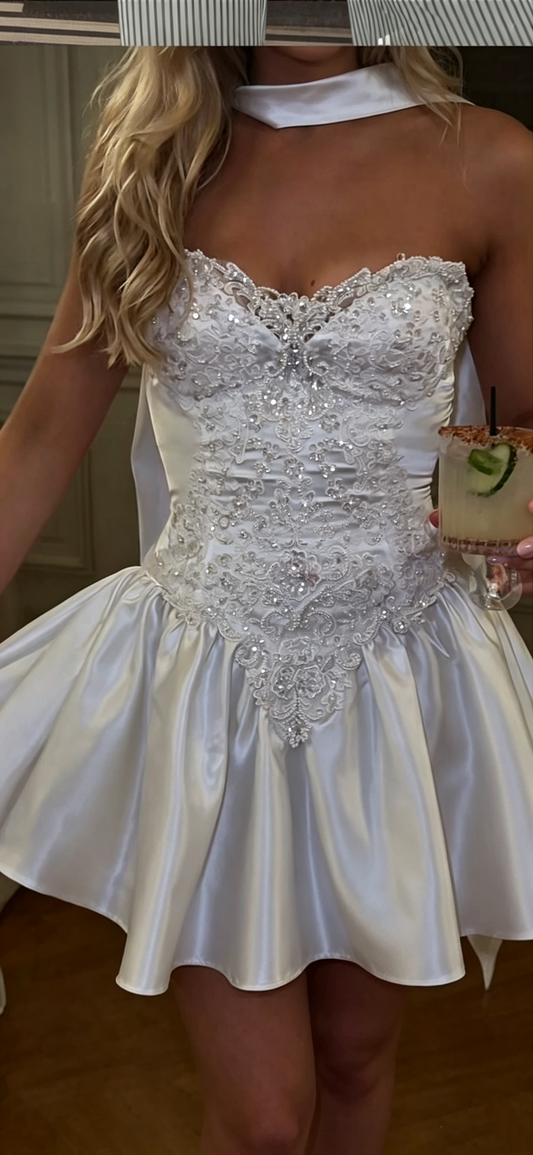 Elegant Strapless White Satin Appliques Beaded A Line Short Graduation Homecoming Dress SP2996