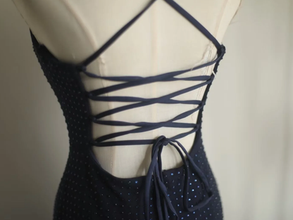 Gorgeous Spaghetti Straps Navy Blue Satin Beaded Mermaid Long Party Dress Formal Wedding Guest Dress SP1258