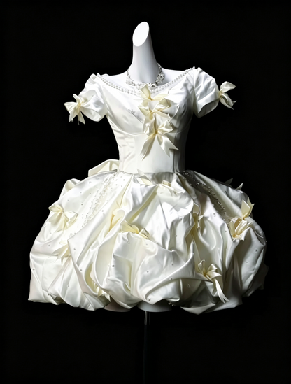 Glamorous Off White Satin Pleated Beaded Bow A Line Short Homecoming Dress,Mini 16th Birthday Outfits SP3195