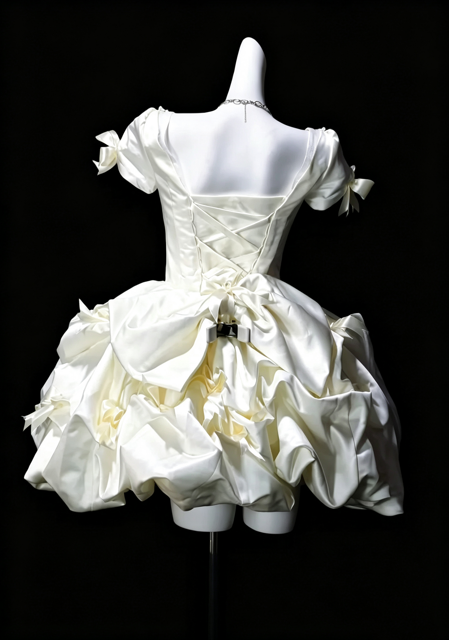 Glamorous Off White Satin Pleated Beaded Bow A Line Short Homecoming Dress,Mini 16th Birthday Outfits SP3195