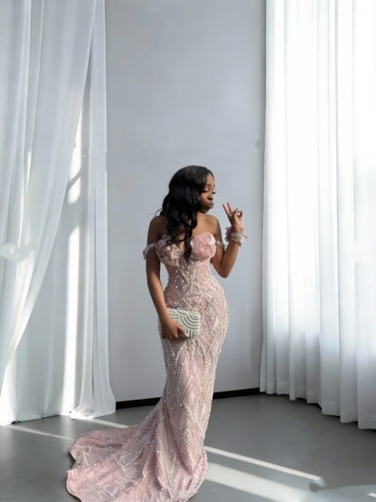 Princess Pink Spaghetti Straps Satin Tulle Sequin Beaded Mermaid Long Evening Dress Birthday Prom Gowns SP1813