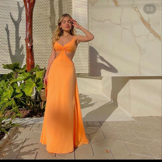 Simple V Neck Orange Long Prom Dress,Orange Evening Dress Y6255