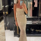 Gorgeous Champagne Spaghetti Straps Sequin Beaded Mermaid Evening Dress Prom Dresses SP795