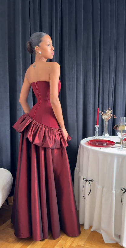Vintage Strapless Burgundy Satin Ruffle Long Party Dress Birthday Evening Gown SP4004