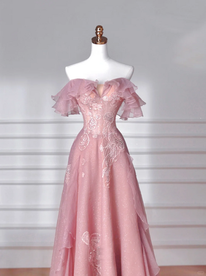 Sweet Pink Tulle Sequins Beaded A Line Prom Dress,Off The Shoulder Long Evening Dress Y8643
