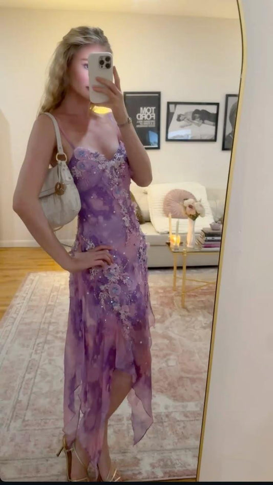 Elegant Spaghetti Straps Chiffon Appliques Beaded Mermaid Party Dress Purple Long Wedding Guest Dress SP3133