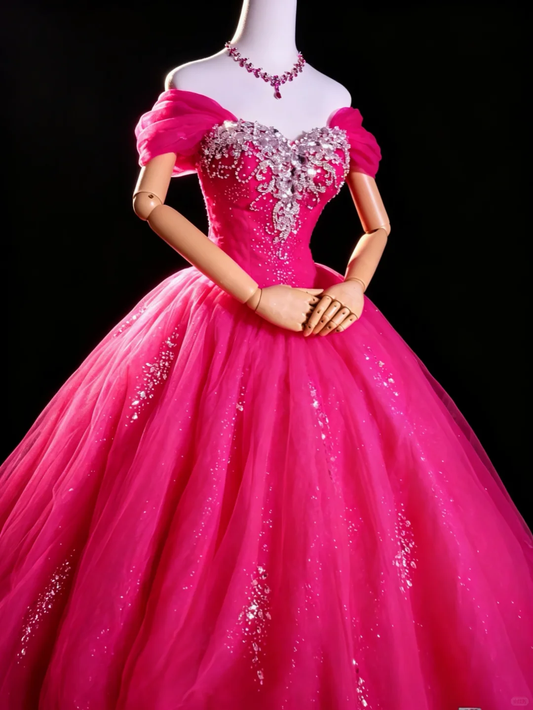 Pretty Off Shoulder Hot Pink Glitter Tulle Ball Gown Crystal Rhinestone Sweetheart Quinceanera Dress Sweet 15 Dress SP2732