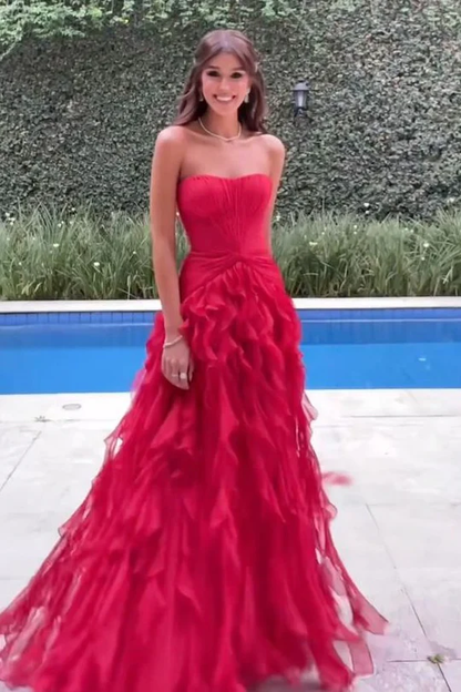 Charming Red Chiffon Ruffles A-Line Empire-Waist Long Prom Dress Strapless Birthday Evening Dress SP2108