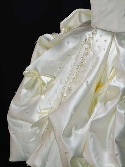 Glamorous Off White Satin Pleated Beaded Bow A Line Short Homecoming Dress,Mini 16th Birthday Outfits SP3195