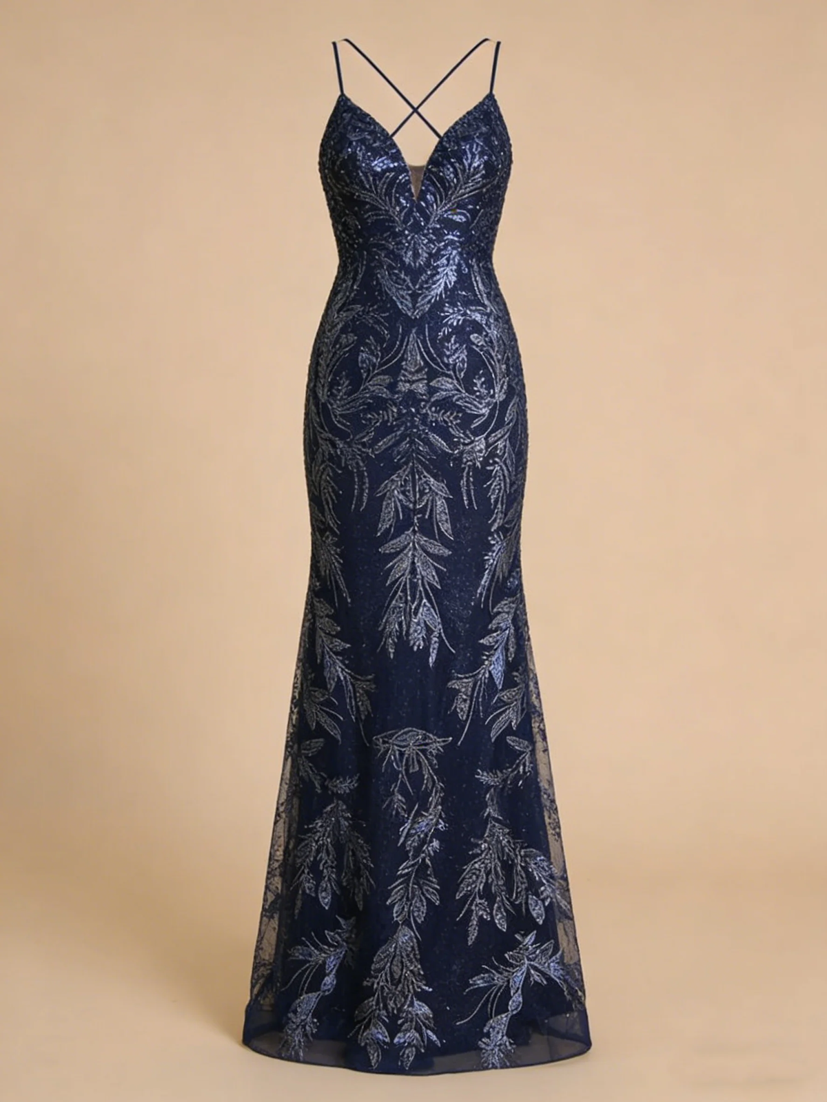 Fashion Spaghetti Strap Navy Blue Tulle Mermaid Long Party Dress Birthday Prom Dress SP4108