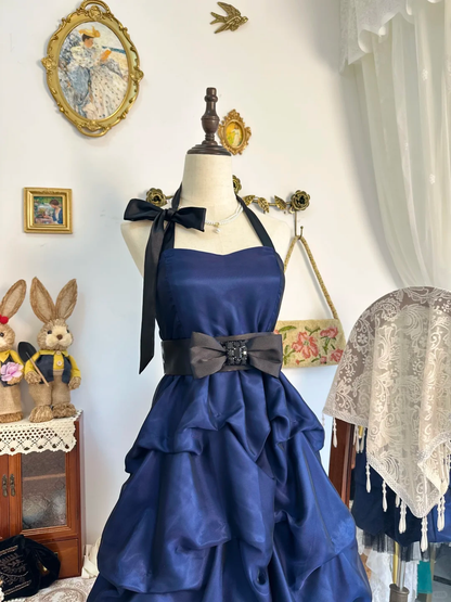 Vintage Blue Halter Satin Pleated Short Homecoming Dress Cocktail Dress Y9473