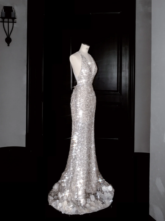 Sexy V Neck Silver Sequins Backless Mermaid Prom Dress Evening Dress  Y8680