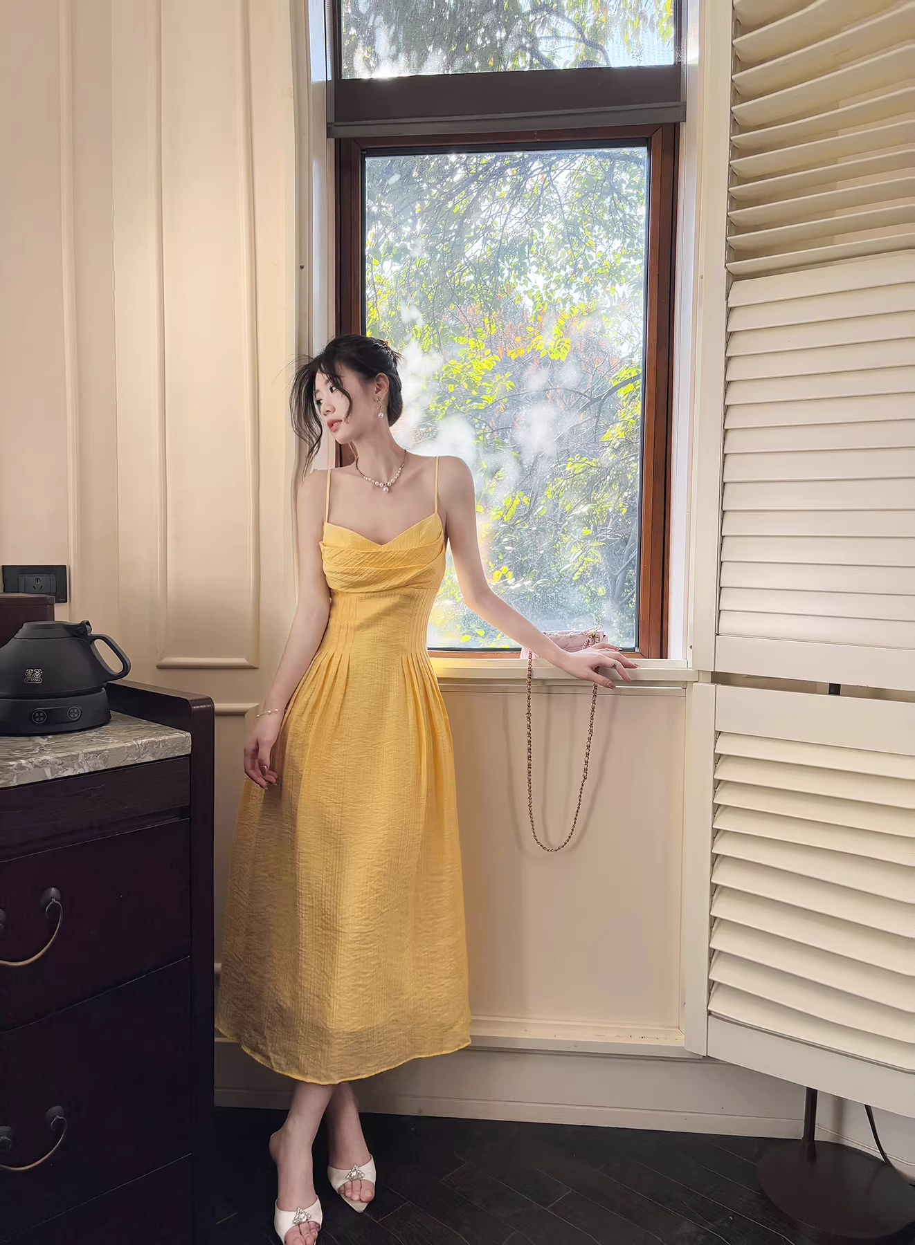 Sweet Spaghetti Straps Yellow Satin A Line Long Party Dress Prom Gowns SP2015