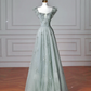 Pretty Light Green Square Neck Tulle Beaded Prom Dress,A Line Evening Dress Y8612