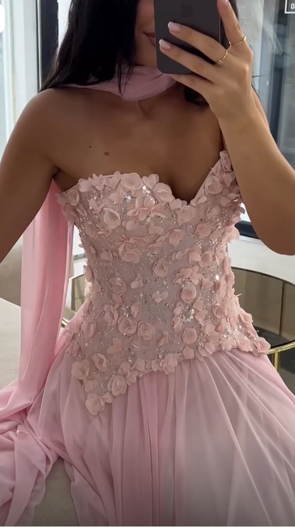 Elegant Pink Strapless Chiffon Appliques Long Party Dress Evening Dress SP3741