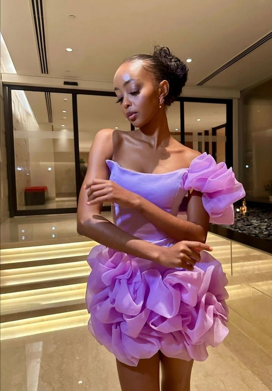 Fashion Lavender Satin Tulle Pleated Short Graduation Homecoming Dress,One Shoulder Mini Cocktail Dress SP2822