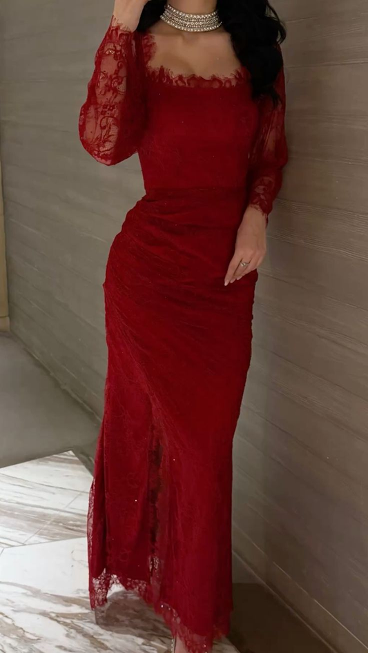 Pretty Red Lace Mermaid Evening Dress Long Birthday Prom Dress SP744
