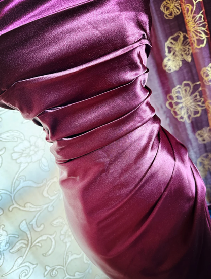 Elegant Burgundy Strapless Satin Pleated Mermaid Long Evening Dress Prom Dresses SP1621