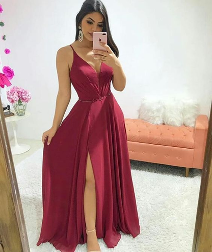 Elegant A-line V Neck Prom Dress With Split  Y5725
