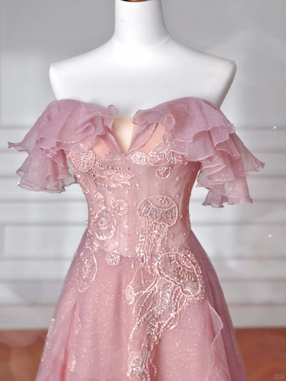 Sweet Pink Tulle Sequins Beaded A Line Prom Dress,Off The Shoulder Long Evening Dress Y8643