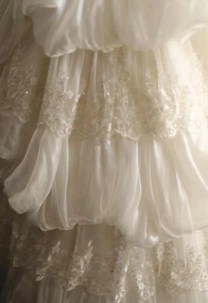 Glamorous Strapless Tulle Lace Beaded Pleated White Long Wedding Dress SP1240